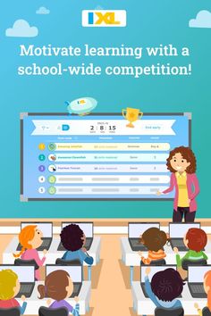 kids are sitting at desks in front of a large screen with the words motivate learning with a school - wide competition