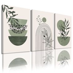 three paintings with different shapes and designs on the same wall, each one has a plant growing out of it