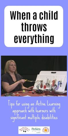 a woman sitting at a table with an object in her hand and the words when a child throws everything