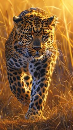 a large leopard walking through tall grass in the sunbeams with its eyes closed