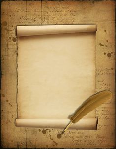 an old paper with a quill on it and a pen next to it, in front of a grungy background