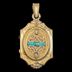 An exquisite antique Victorian mourning locket from the late 19th Century fashioned in a rosy 18ct gold gilt metal and decorated with chased patterning and a line of turquoise across the centre which were a symbol of love and remembrance in the Victorian era. It's been beautifully preserved and is complete with a lock of black hair inside that most likely belonged to the lady in the accompanying photograph who may have been the wife or mother of the original owner and was clearly very dear to th Turquoise Locket For Wedding Jewelry, Turquoise Locket Jewelry For Wedding, Turquoise Wedding Locket Jewelry, Victorian Turquoise Jewelry For Formal Occasions, Turquoise Medallion Locket Jewelry, Victorian Hallmarked Turquoise Jewelry, Antique Hallmarked Turquoise Jewelry, Victorian Turquoise Hallmarked Jewelry, Antique Turquoise Engraved Jewelry