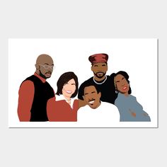 a group of people standing next to each other in front of a white background with the image of three black men and two women