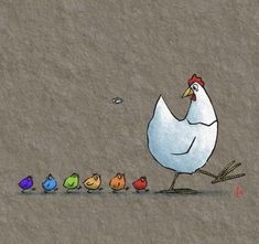 a drawing of a chicken and five little birds