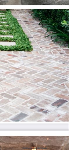 two pictures showing the steps leading up to an outdoor fire pit and in front of a brick walkway