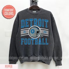 Detroit Football Comfort Colors Vintage Style Sweatshirt, Detroit Football Tee, Detroit Football Shirt, Detroit Sweater, Sunday Football  ⭐𝐐𝐔𝐀𝐋𝐈𝐓𝐘: At Wonder Prints Era our brand believes in using the best materials to create our designs. Unlike many other shops using Gildan shirts that wear out quickly. We use luxury fabric and ink to make our products. Our designs are proudly Printed on Comfort Colors® tees/sweatshirts for that insanely soft, vintage look and feel and they meant to last Winter Graphic Print Short Sleeve Sweatshirt, Winter Team Spirit T-shirt With Graphic Print, Winter Team Spirit Graphic T-shirt, Team Spirit Graphic Print Winter Tops, Winter Team Spirit Graphic Print Tops, Lions Svg, Sunday Football, Football Sunday, Oversized T Shirt Dress