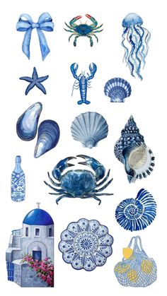 blue and white sea creatures are depicted in this watercolor painting