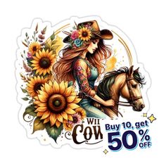 a sticker with a girl riding a horse and sunflowers on the back