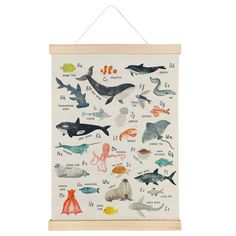 a wall hanging with various sea animals on it's sides and the names of each animal