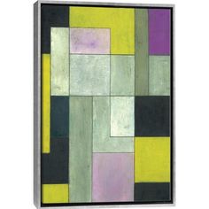 an abstract painting with yellow, green and purple squares on it's surface in a wooden frame