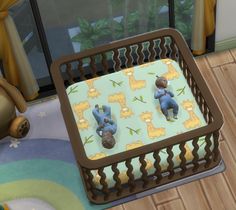 a baby crib with two teddy bears on it