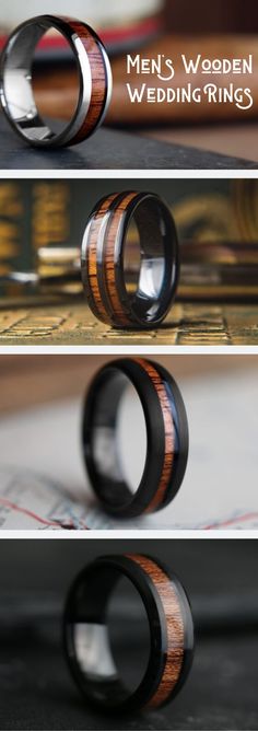 men's wooden wedding rings with black and brown wood inlays on them