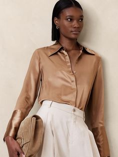 Busbee Style, Striped Midi Skirt, Elegant Outfits, Shirt Tucked In, Satin Shirt, Silk Charmeuse, Work Wardrobe, Poplin Shirt, Sheer Sleeves