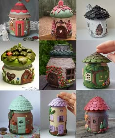 there are many small houses made out of clay and decorated with different designs on them