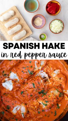 this is an image of spanish hake in red pepper sauce with ingredients around it