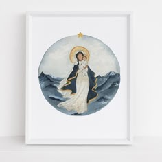 an image of the virgin mary and child jesus in a frame on a white wall