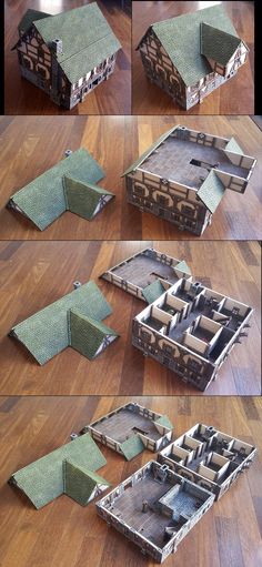 four different views of an old house made out of cardboard and cut into smaller pieces