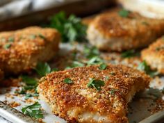 several pieces of chicken on a tray with parsley sprinkled on top and seasoning in the middle