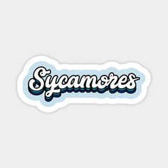 sticker with the word sycamores in blue and white on a gray background