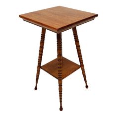 a small wooden table with two legs and a square top on one end, sitting against a white background