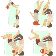 four different poses of a man doing a handstand on another person's head