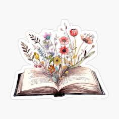 an open book with watercolor flowers and leaves on it's pages sticker