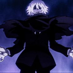 an anime character with white hair wearing a black suit and holding his hands out in front of him