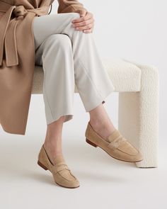 Cue the cropped jeans, because you're going to want to show off these Italian Suede Penny Loafers. Made from premium Italian suede, this timeless shoe feels buttery-soft on the outside and luxuriously comfy on the inside thanks to the super plush, cushiony insole. Nude Flats Outfit, Penny Loafers For Women Outfits, Loafers Women Outfit, Loafers For Women Outfit, Italian Loafers, Timeless Shoes, Nude Flats, Neutral Shoes, Flats Outfit