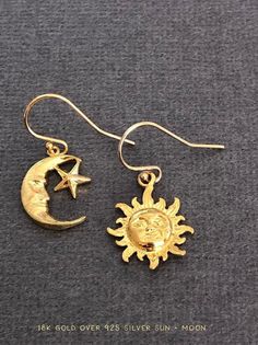 Asymmetrical Sun and Moon Earrings, Mismatched Earrings, Gold moon Earrings, Sun charm earrings, Dainty celestial earring gold, gift for her * Total Length of the Earrings are approx. 25mm -------------------------------------------------------------------------------------- ** MATERIALS ** - 925 Sterling silver Moon + Sun - 925 Ear wire - 18K Gold Vermeil Moon + Sun - 18K Gold filled Ear wire -------------------------------------------------------------------------------------- ** HOW TO TAKE CARE OF YOUR JEWELRY ** - Remove your jewelry when swimming, sunbathing ad showering - Keep them away from chemicals like perfumes, body creams & hairspray - Do not wear your jewelry while exercising - Use dry soft cotton cloth to clean once in a while - All jewelry may tarnish over time. Storing the Moon Face Earrings, The Sun And Moon, Smink Inspiration, Face Earrings, Dope Jewelry, Mismatched Earrings, Star Jewelry, Moon Jewelry, Boho Gifts