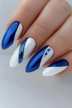 Blue And White Nails Designs, Nail Designs Blue And White, Blue White Nails Design, Blue And White Nail Designs, White And Blue Nail Designs, Nail Art Designs Blue, Blue Nails With Design, Nail Gel Design, White Blue Nails