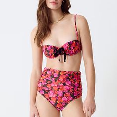 New With Tags - Never Worn J Crew 2-Piece Swimsuit Featuring A Structured Bikini Top With A Flattering Balconette Fit With Supportive Underwire In A Bright Floral Print. Adorned With A Cute Satin Bow. Size 34b. Bottoms Are Ruched High Rise With Full Coverage. Size M Both In A Pretty Pansy Floral Print. This Is For A 2-Piece Set - Never Worn, Still In Shipping Packaging. Pink Ruched Swimwear With Tie-side Bottom, Pink Ruched Tie-side Swimwear, Pink Ruched Underwire Swimwear, Pink Underwire Ruched Swimwear, Multicolor Ruched Swimwear, Strapless Tankini, Scalloped One Piece Swimsuit, High Waisted Swim Bottoms, Swimming Suits