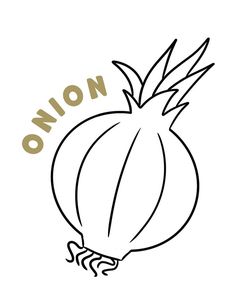 an onion with the word onion on it's side, in black and white