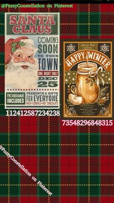 two christmas flyers with santa claus and happy winter on the front in red, green, and black tartan