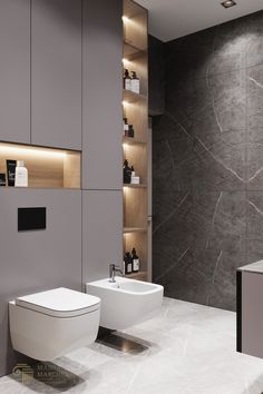 a modern bathroom with two sinks and a toilet