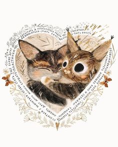 two kittens in a heart shaped frame with words written below the cat's eyes