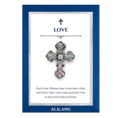 Discover the power of divine love with the Iridescent Holy Latin Cross Brooch Pin and Card Set. This exquisite gift pairs a captivating symbol of faith with a message of love and connection. A dazzling iridescent cross brooch rests upon a white card featuring a heartfelt message about the essence of God's love. The multicolored rhinestone gems shimmer and sparkle with vibrant hues of blue, white, pink, and purple, creating a breathtaking and symbolic presentation. The card message reads: "God is Cross Brooch, Message Of Encouragement, Cross Symbol, Peace Of God, Blue Envelopes, Iridescent Crystal, Rhinestone Cross, Patriotic Gifts, Christian Jewelry