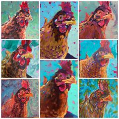 six paintings of roosters with different colors