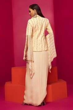 Ivory blazer with floral print and sequin, bead, cutdana embroidery. Paired with draped dhoti skirt. - Aza Fashions Dhoti Skirt, Ivory Blazer, Cutdana Embroidery, Floral Print Blazer, Women Kurta, Printed Blazer, Set Women, Lapel Collar, Flared Sleeves