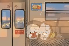 an animated image of two stuffed animals on a train