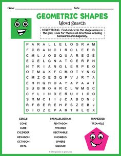 a green and white word search page with the words'geometric shapes'on it