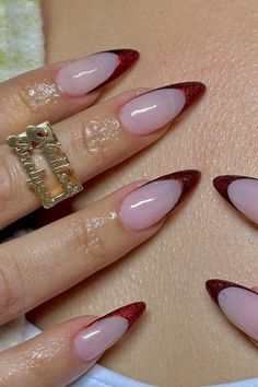 Red Nails With Gold French Tip, Red Flake Nails, Almond Nails December, Red Nails With Stones Design, Elegant Festive Nails, Cherry Red French Tip Nails Almond, Red With Pearls Nails, Deep Almond French Tips, Red French Tip Nails With Gold