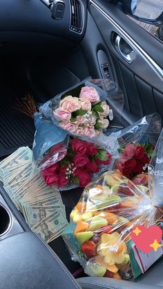 flowers and money in the back seat of a car