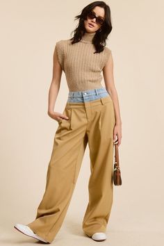 Transform your wardrobe with our Taupe Billie Trousers - the perfect combination of casual and dressy. These unique trousers feature a playful Peek-a-boo denim wash waistband and functioning front pockets. Style with a sleek top for a trendy and practical fashion statement. Each piece is one-of-a-kind due to the Denim Wash Waistband. PRE-ORDER 07/12/24 Fabric & fit:SELF: 69% POLYESTER 29% RAYON 2% SPANDEXCONTRAST: 100% COTTON Model is wearing size small. Chic Non-stretch Jeans With Pockets, Fitted Bottoms With Welt Pockets In Medium Wash, Summer Denim Jeans With Welt Pockets, Fitted Medium Wash Bottoms With Welt Pockets, Summer Jeans With Welt Pockets, Versatile Spring Jeans With Pockets, Chic Spring Jeans With Welt Pockets, Denim Pants For Business Casual In Fall, High Rise Denim Bottoms For Business Casual