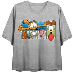 Get ready to rock that trendy look with our purrfect Garfield crop t-shirt! Made from a cozy blend of 60% ringspun cotton and 40% polyester jersey, this heather gray tee is sure to make you feel as comfy as a lazy cat in the sun. The professionally printed image of your favorite Garfield characters adds a touch of humor and nostalgia to any outfit. With short sleeves, a crew neck, and a trendy cropped length, you'll be the coolest cat in town. This officially licensed Garfield crop t-shirt is th Garfield Characters, Gray Graphic Tee, Stylish Wardrobe, Kids Pattern, Grey Tee, Pattern Graphic, Grey Shorts, Crop Tee, Oversized Tshirt