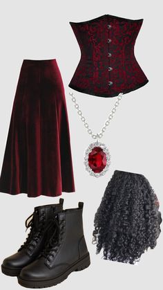 three different types of clothing and accessories including boots, skirt, belted jacket, necklace