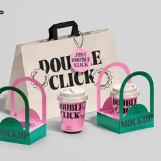 three bags and two cups in front of each other with the words double click on them