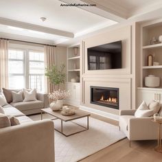 a living room filled with furniture and a fire place in the middle of the room