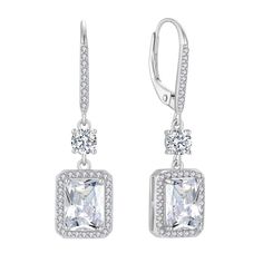 PRICES MAY VARY. 💓 Unique Design 💓 Just add endless shine and dazzle to your outfits with this pair of earrings featuring double sparkling stunning CZ and unique leverback dangle design. Unique princess cut drop earrings send to the best women in your life and let her know how much she means to you. When she wear this earrings, she will genuinely happy for this little surprise. 💓 High Quality 💓 Material: 925 sterling silver with AAA cubic zirconia, which is hypoallergenic and will not get da Classic Dangle Earrings With Halo Design, Classic Silver Dangle Cluster Earrings, Sterling Silver Dangle Diamond Earrings With Halo Design, White Gold Drop Earrings With Sparkling Stones, Sterling Silver Prong Set Crystal Drop Earrings, Sterling Silver White Gold Dangle Cluster Earrings, White Gold Sterling Silver Dangle Cluster Earrings, Dazzling Dangle Earrings With Halo Design, Sterling Silver Drop Crystal Earrings For Formal Occasions