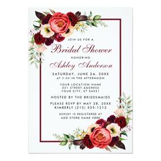 an elegant wedding card with red and pink flowers on the front, gold border around it