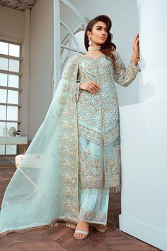 Buy Pakistani Party Dress-Pakistani Designer Chiffon Wear in Turquoise Color-Pakistani Party Wear With Embroidery, Patch Work In USA, UK, Canada, Australia  Visit Now : www.NameerabyFarooq.com or Call / Whatsapp : +1 732-910-5427 Party Wear Kurti, Chiffon Suit, Turquoise Fabric, Pakistani Salwar Kameez, Chiffon Collection, Pakistani Suits, Pakistani Designers, Pakistani Wedding, Turquoise Color